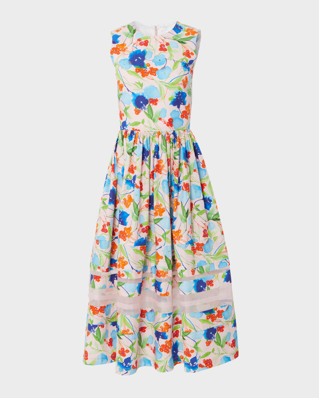 Floral-Print Midi Dress with Organza Detail
